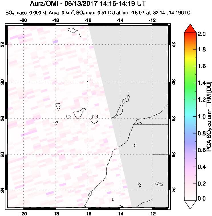 A sulfur dioxide image over Canary Islands on Jun 13, 2017.