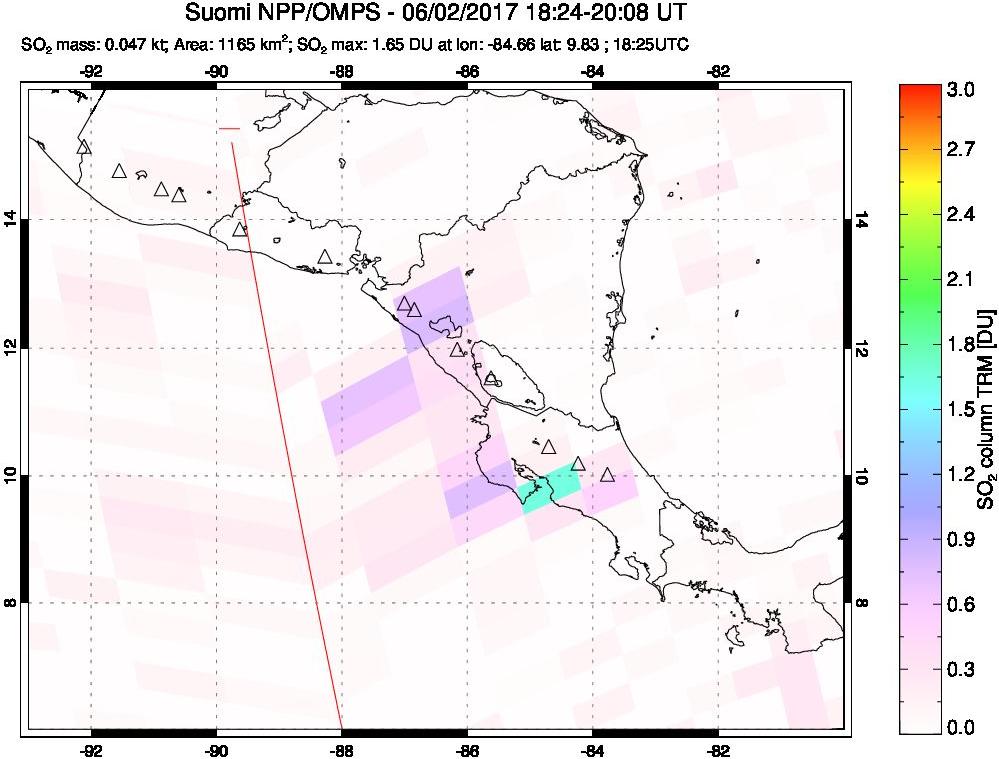 A sulfur dioxide image over Central America on Jun 02, 2017.