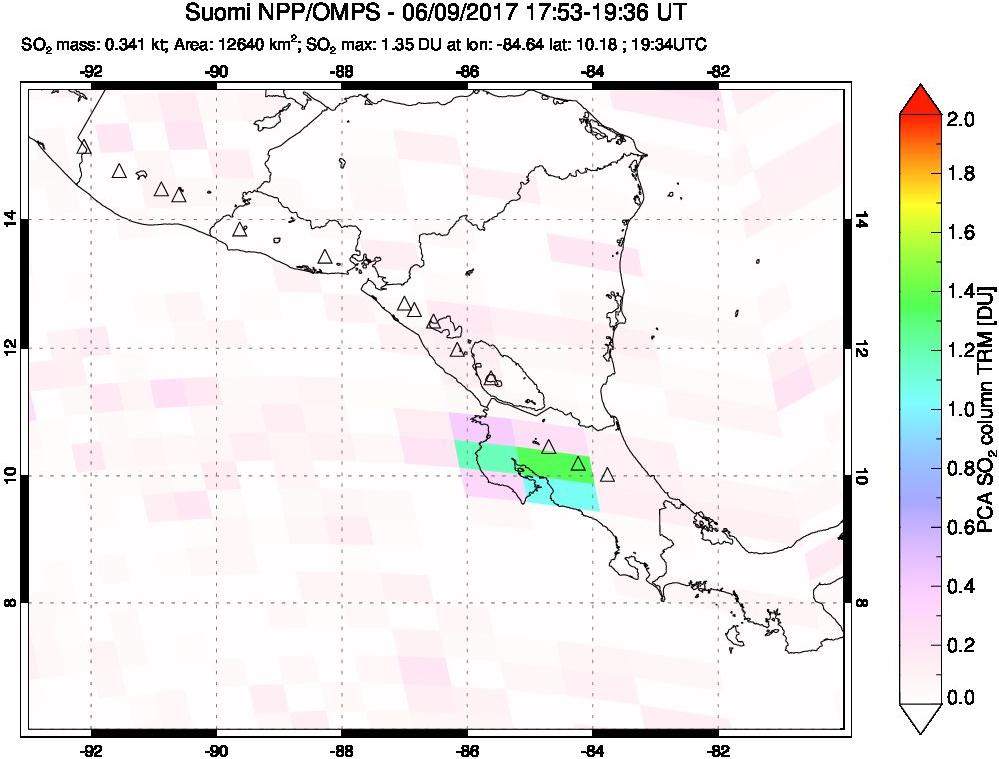 A sulfur dioxide image over Central America on Jun 09, 2017.