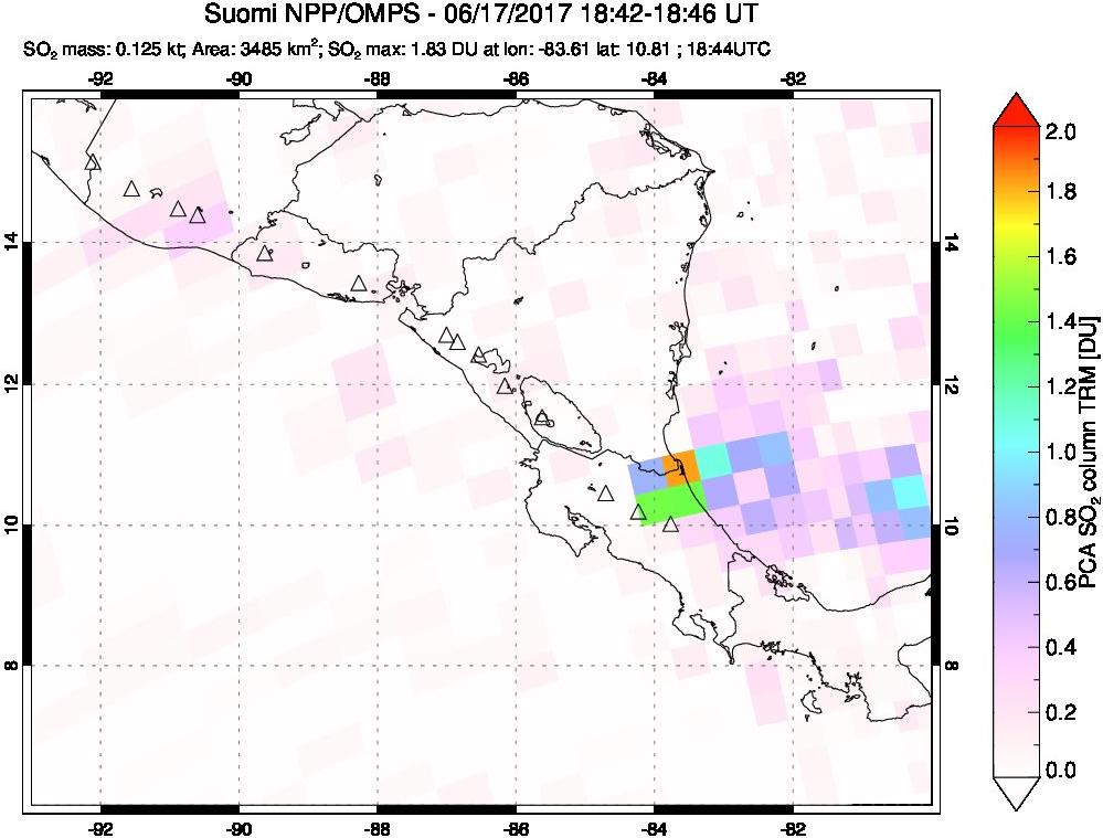 A sulfur dioxide image over Central America on Jun 17, 2017.
