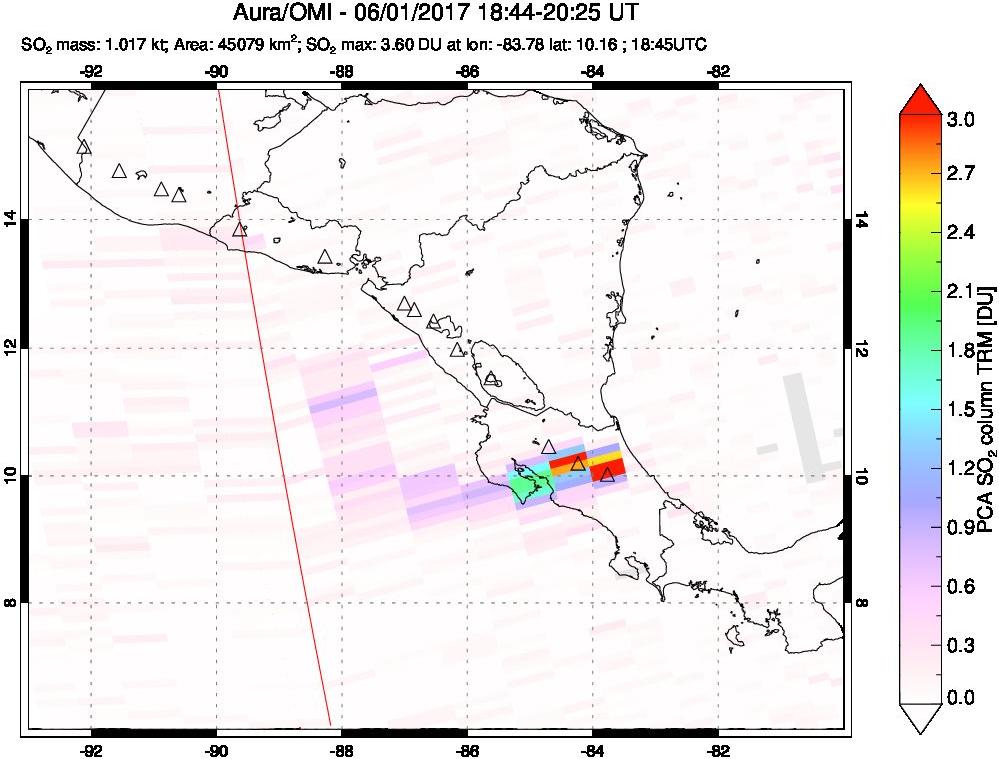 A sulfur dioxide image over Central America on Jun 01, 2017.