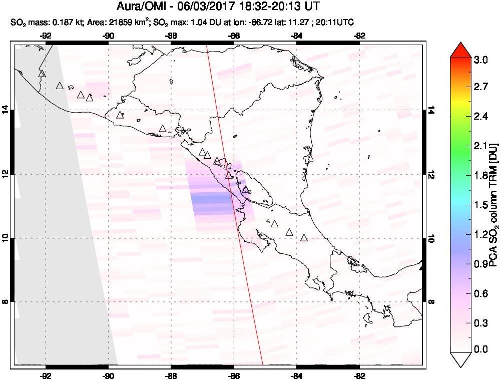 A sulfur dioxide image over Central America on Jun 03, 2017.