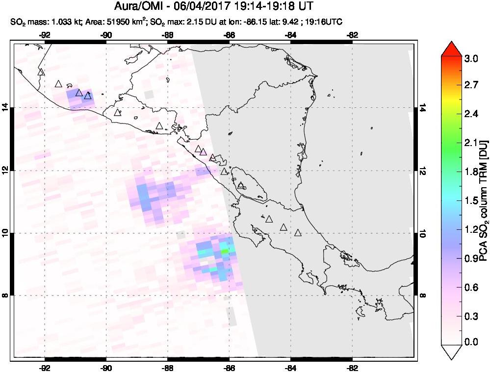 A sulfur dioxide image over Central America on Jun 04, 2017.
