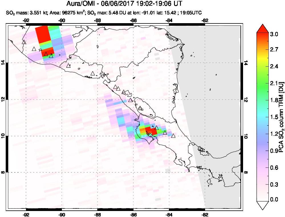 A sulfur dioxide image over Central America on Jun 06, 2017.