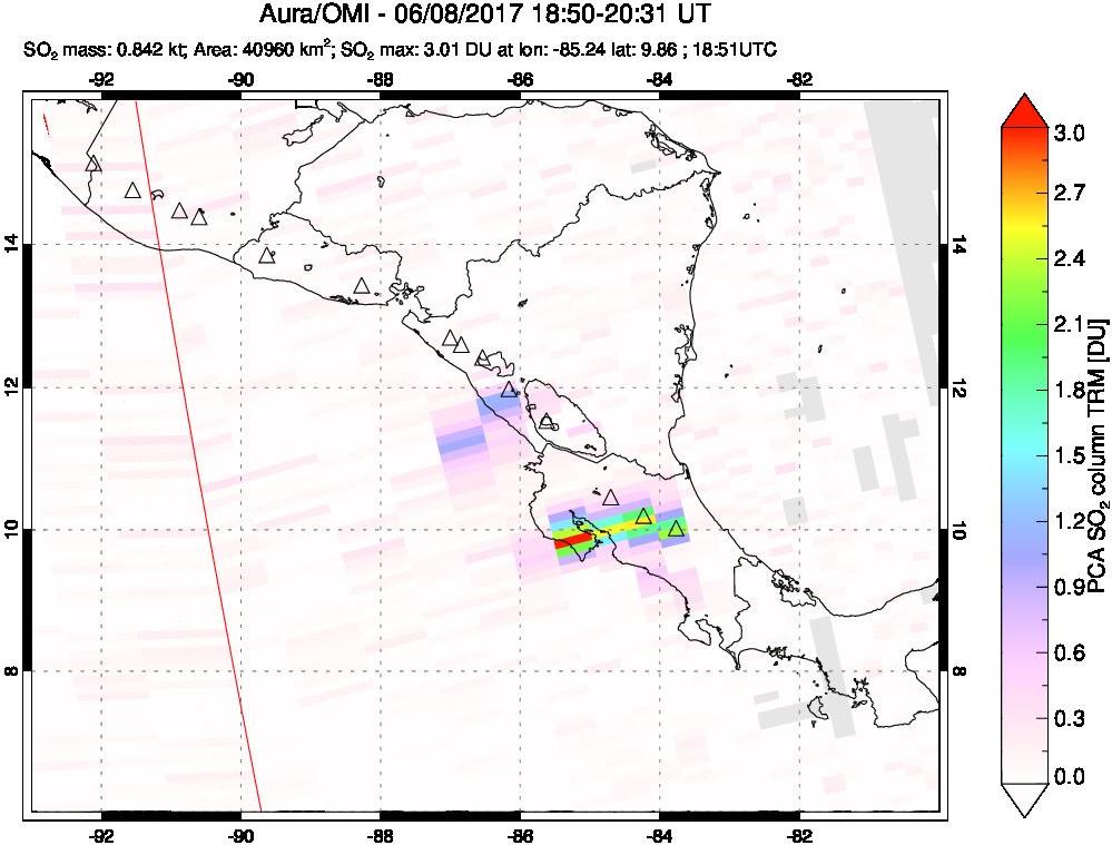 A sulfur dioxide image over Central America on Jun 08, 2017.