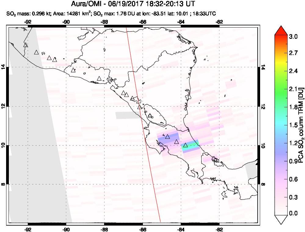 A sulfur dioxide image over Central America on Jun 19, 2017.