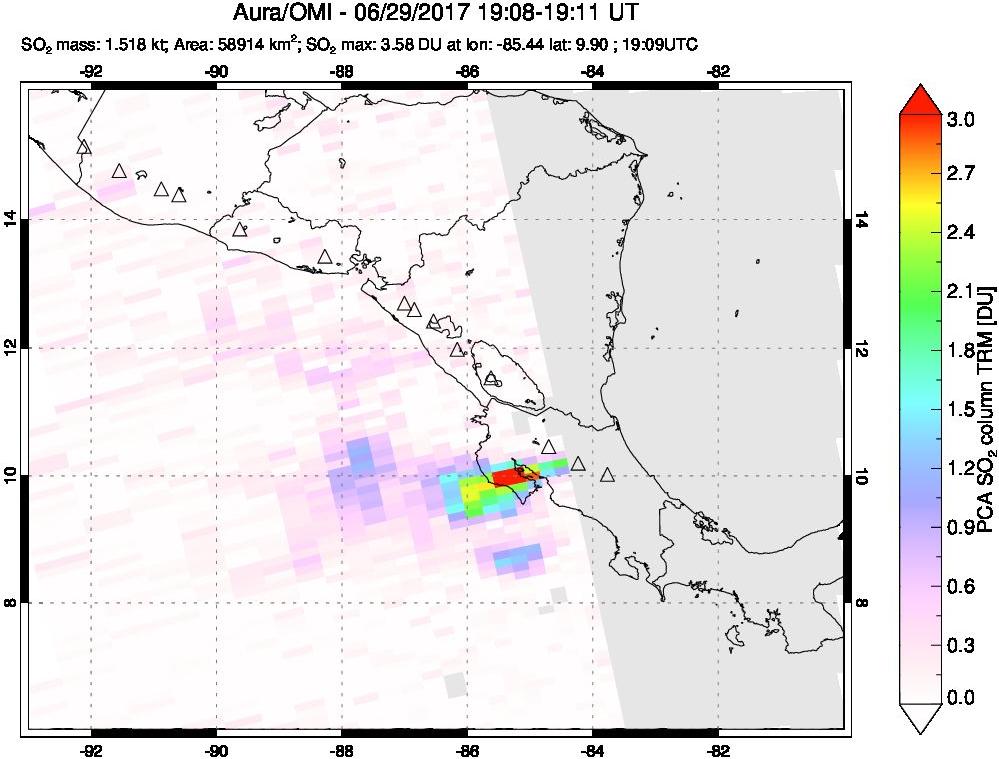 A sulfur dioxide image over Central America on Jun 29, 2017.