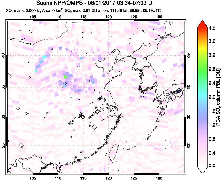 A sulfur dioxide image over Eastern China on Jun 01, 2017.