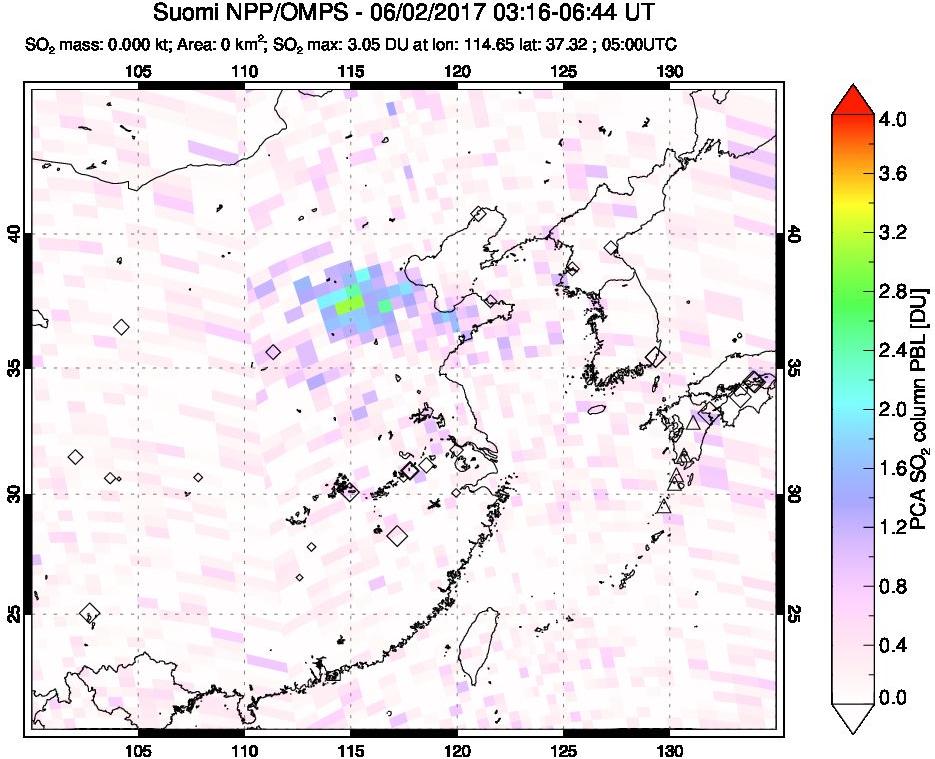 A sulfur dioxide image over Eastern China on Jun 02, 2017.