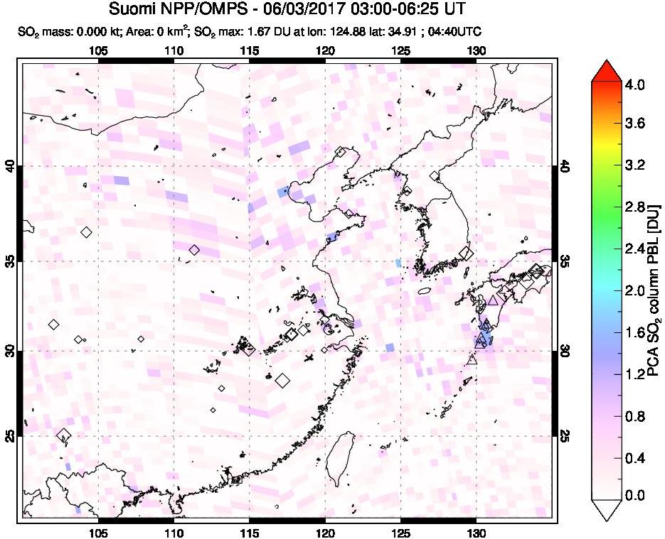 A sulfur dioxide image over Eastern China on Jun 03, 2017.