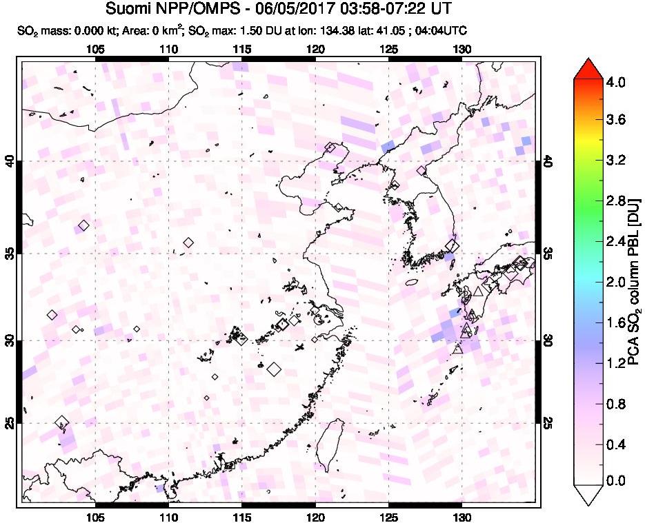 A sulfur dioxide image over Eastern China on Jun 05, 2017.