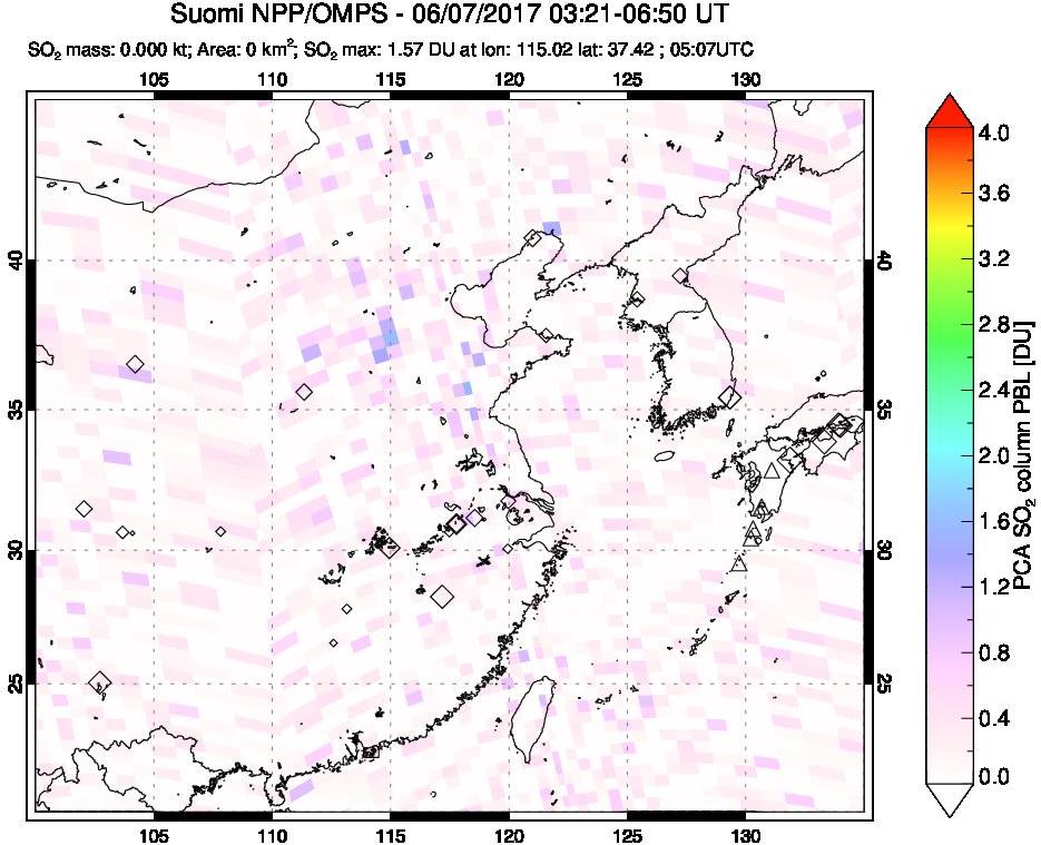 A sulfur dioxide image over Eastern China on Jun 07, 2017.