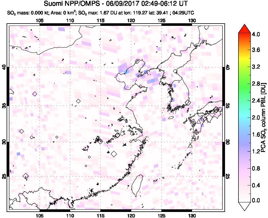 A sulfur dioxide image over Eastern China on Jun 09, 2017.