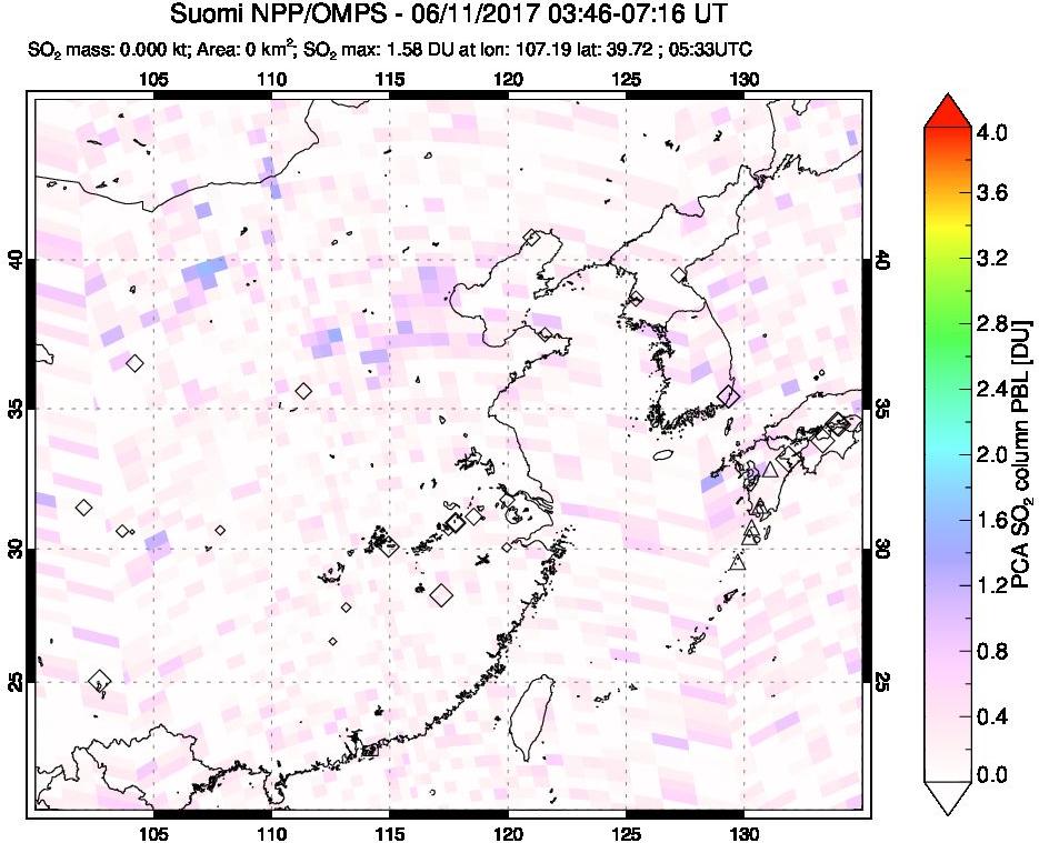 A sulfur dioxide image over Eastern China on Jun 11, 2017.