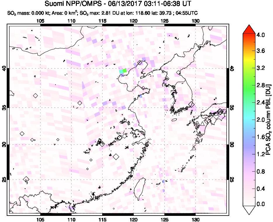 A sulfur dioxide image over Eastern China on Jun 13, 2017.
