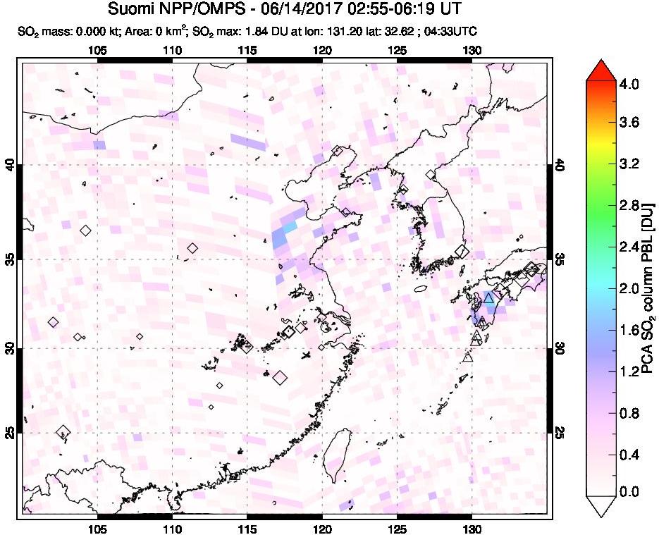 A sulfur dioxide image over Eastern China on Jun 14, 2017.