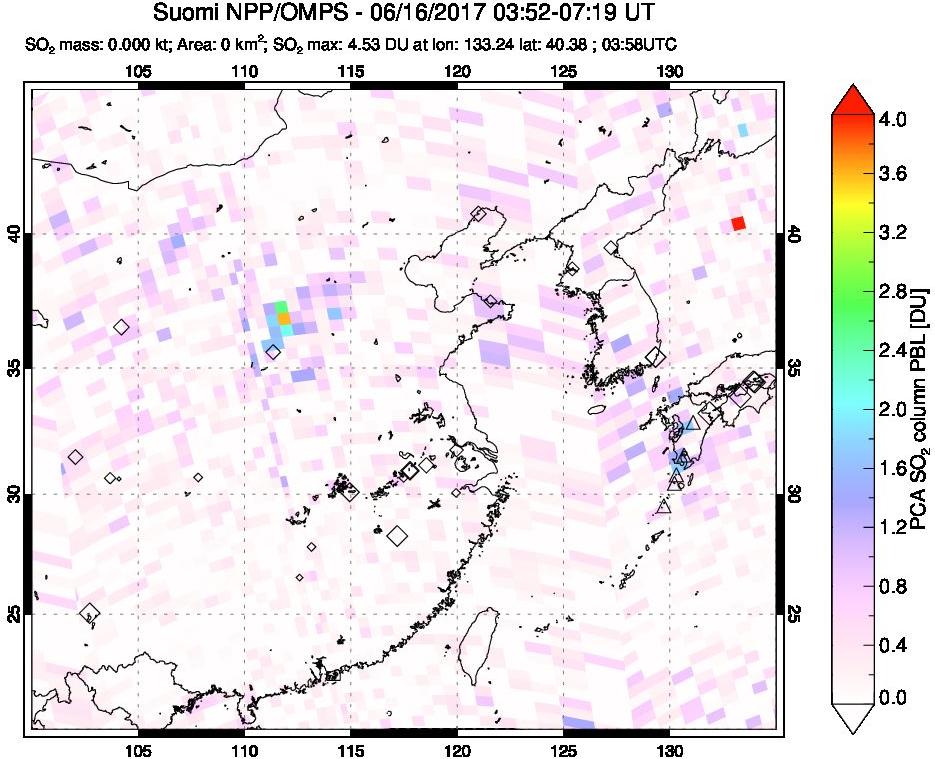 A sulfur dioxide image over Eastern China on Jun 16, 2017.