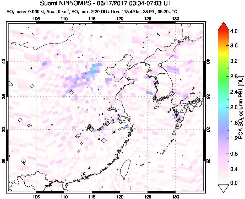 A sulfur dioxide image over Eastern China on Jun 17, 2017.