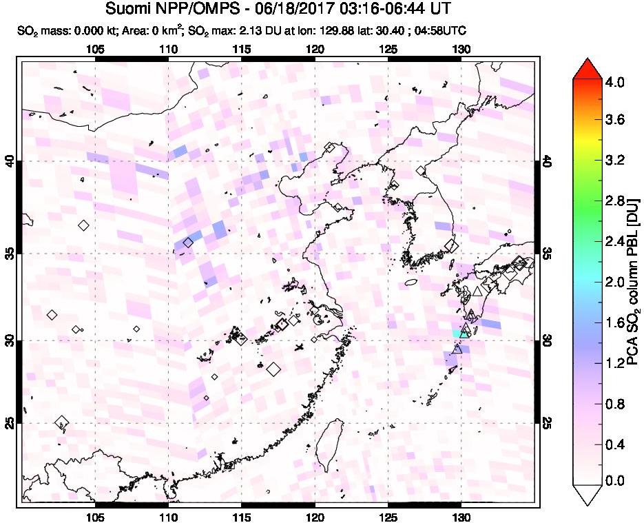 A sulfur dioxide image over Eastern China on Jun 18, 2017.