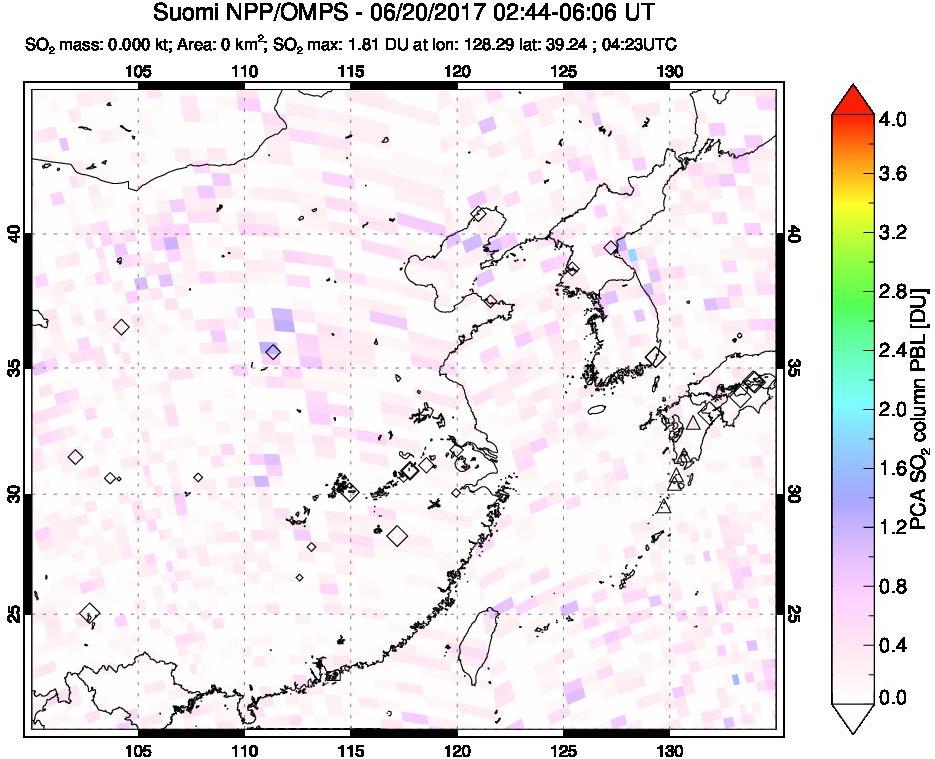 A sulfur dioxide image over Eastern China on Jun 20, 2017.