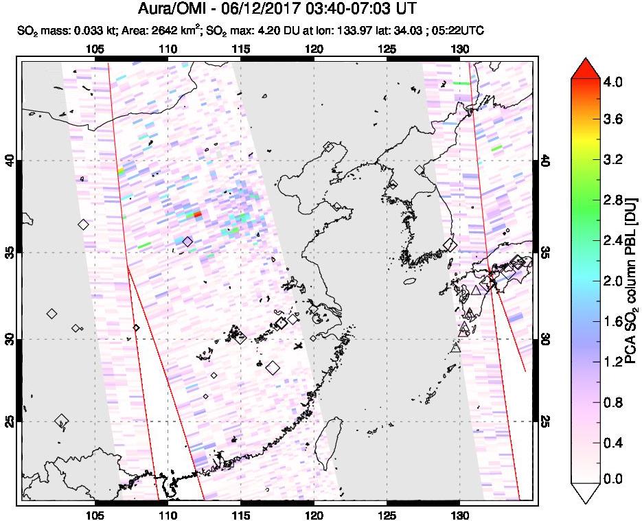 A sulfur dioxide image over Eastern China on Jun 12, 2017.