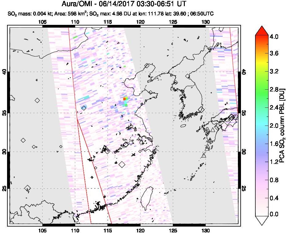A sulfur dioxide image over Eastern China on Jun 14, 2017.