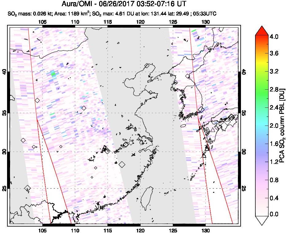 A sulfur dioxide image over Eastern China on Jun 26, 2017.