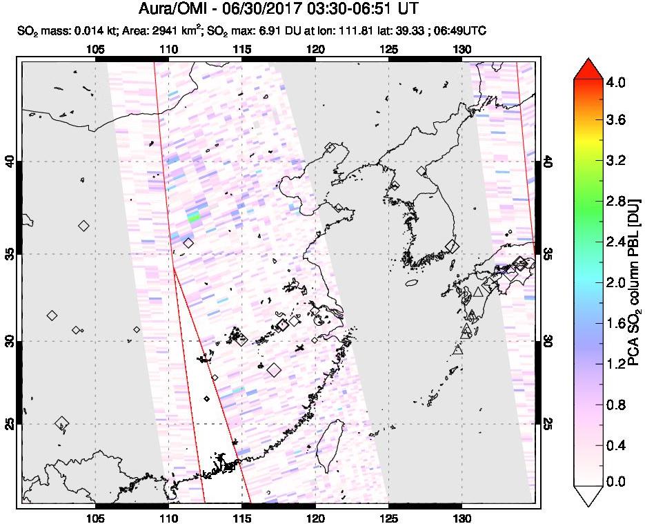 A sulfur dioxide image over Eastern China on Jun 30, 2017.