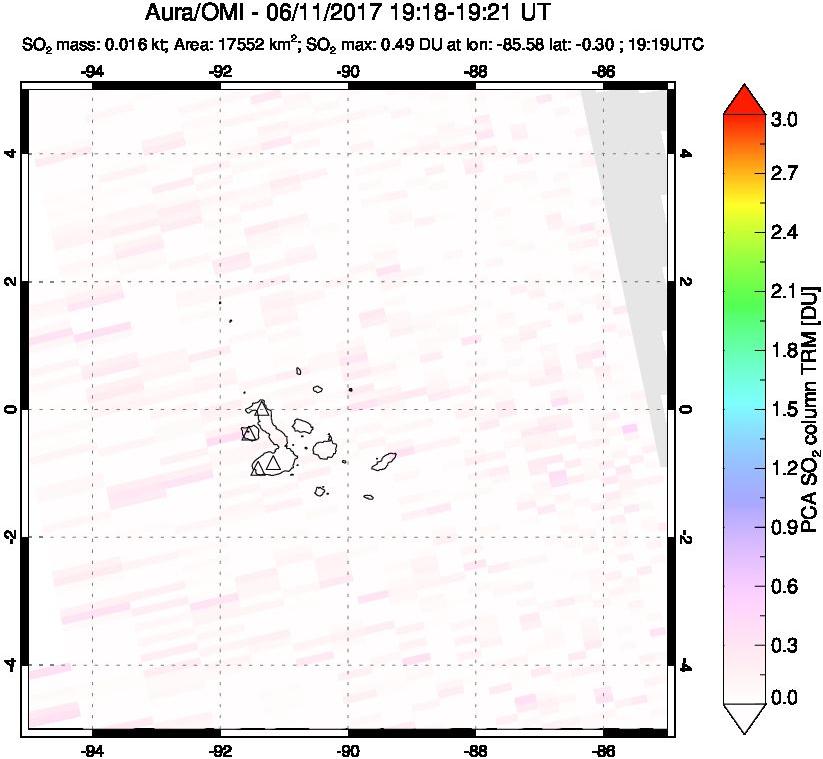 A sulfur dioxide image over Galápagos Islands on Jun 11, 2017.