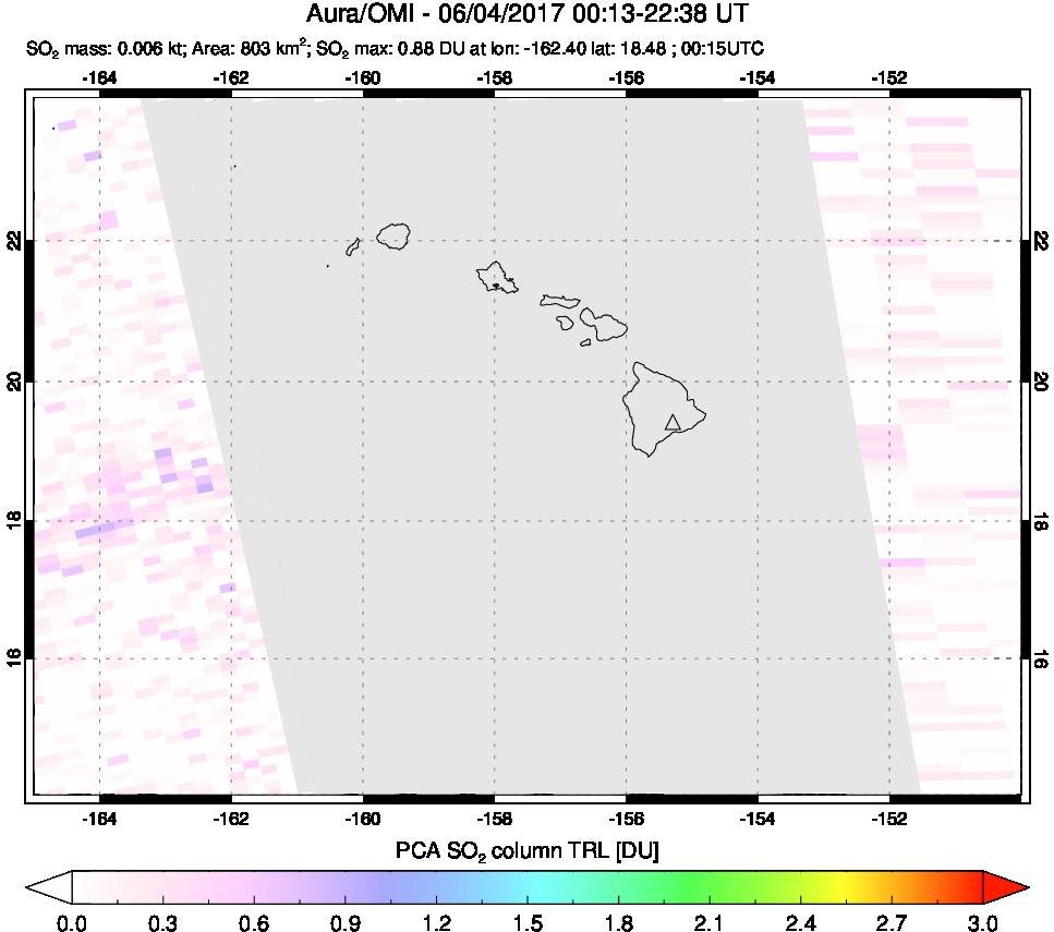 A sulfur dioxide image over Hawaii, USA on Jun 04, 2017.