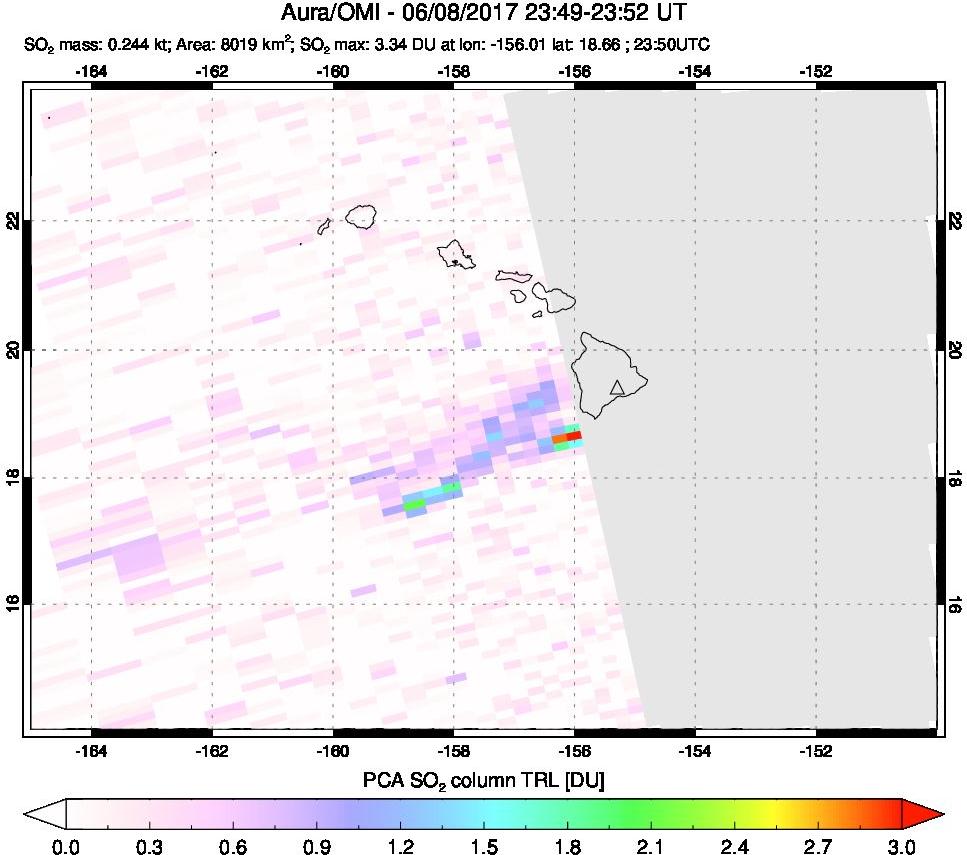 A sulfur dioxide image over Hawaii, USA on Jun 08, 2017.