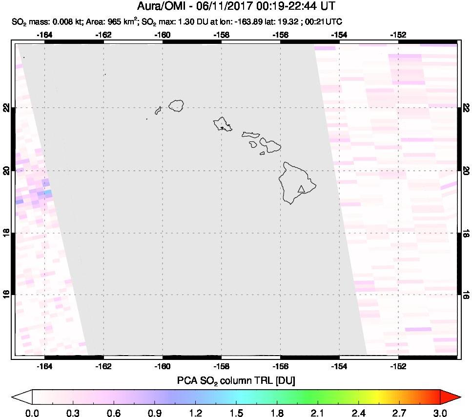 A sulfur dioxide image over Hawaii, USA on Jun 11, 2017.