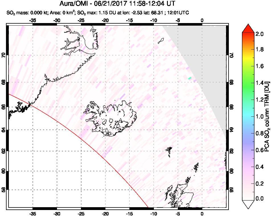 A sulfur dioxide image over Iceland on Jun 21, 2017.