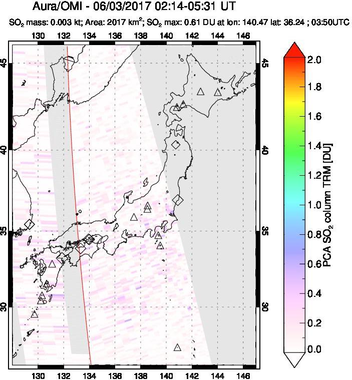 A sulfur dioxide image over Japan on Jun 03, 2017.