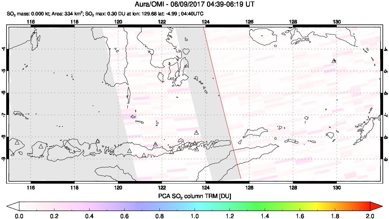 A sulfur dioxide image over Lesser Sunda Islands, Indonesia on Jun 09, 2017.