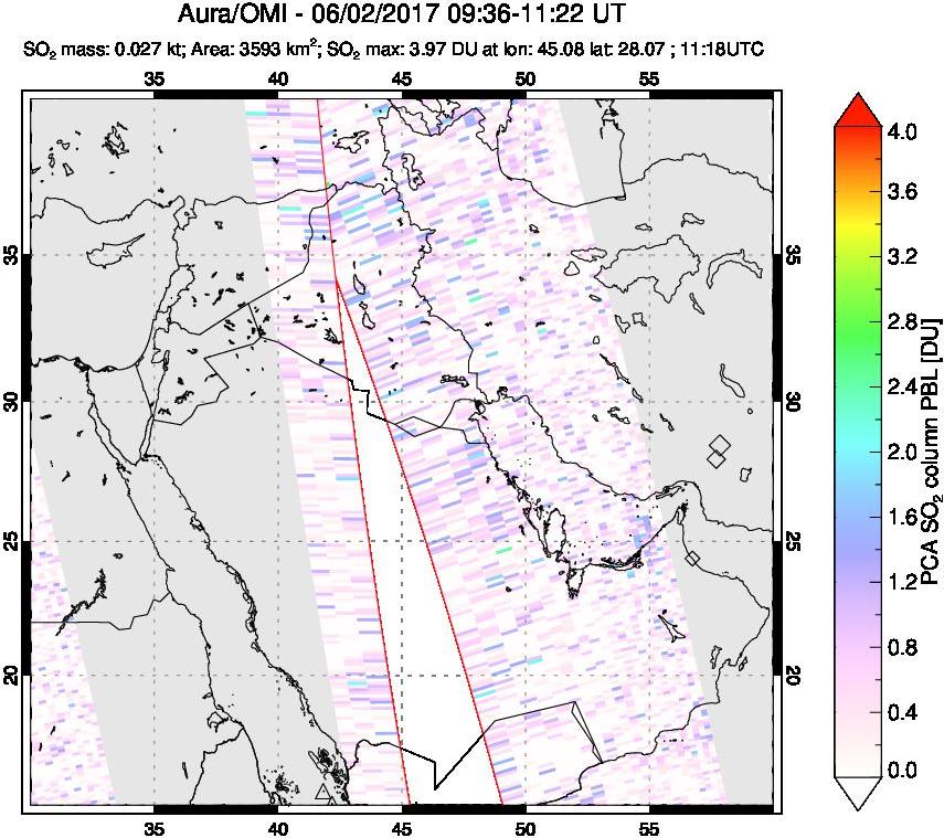 A sulfur dioxide image over Middle East on Jun 02, 2017.