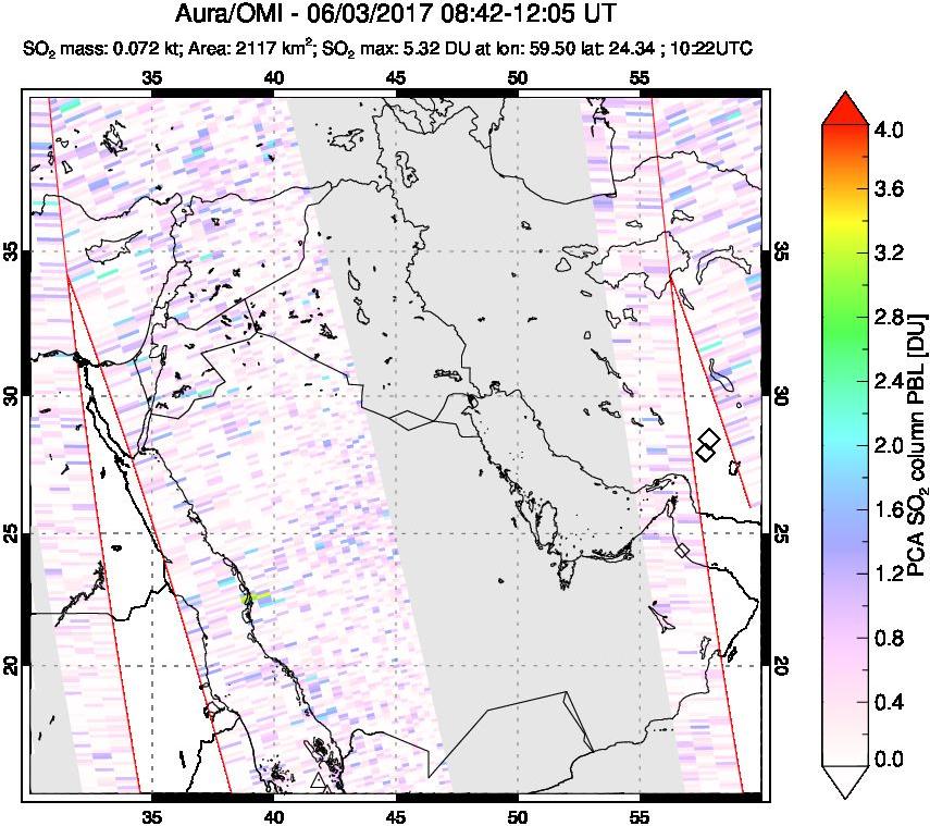 A sulfur dioxide image over Middle East on Jun 03, 2017.