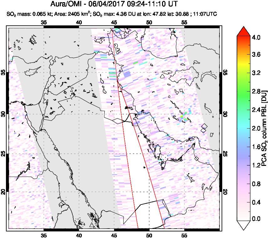 A sulfur dioxide image over Middle East on Jun 04, 2017.