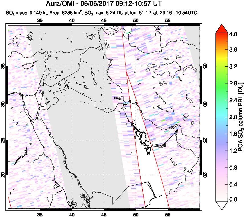 A sulfur dioxide image over Middle East on Jun 06, 2017.