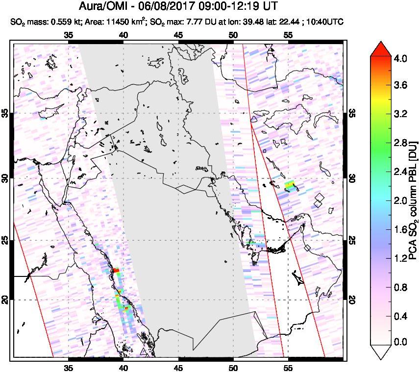 A sulfur dioxide image over Middle East on Jun 08, 2017.