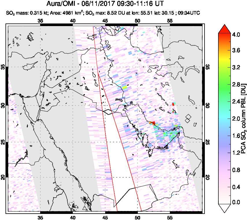 A sulfur dioxide image over Middle East on Jun 11, 2017.