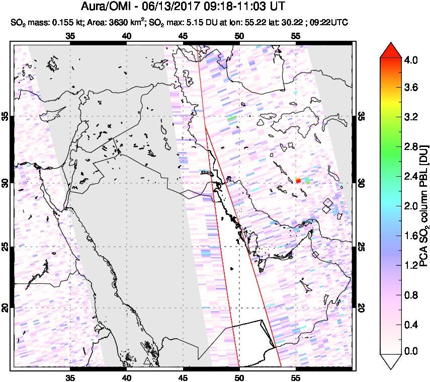 A sulfur dioxide image over Middle East on Jun 13, 2017.