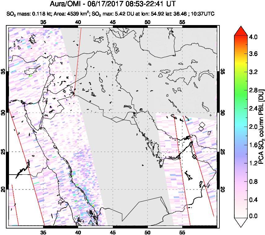 A sulfur dioxide image over Middle East on Jun 17, 2017.
