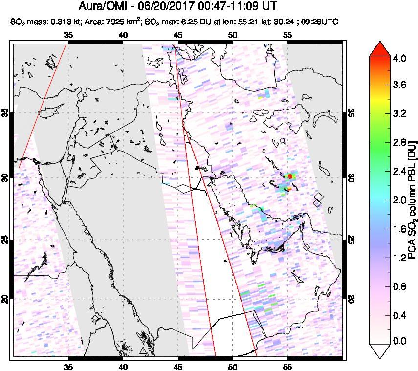 A sulfur dioxide image over Middle East on Jun 20, 2017.