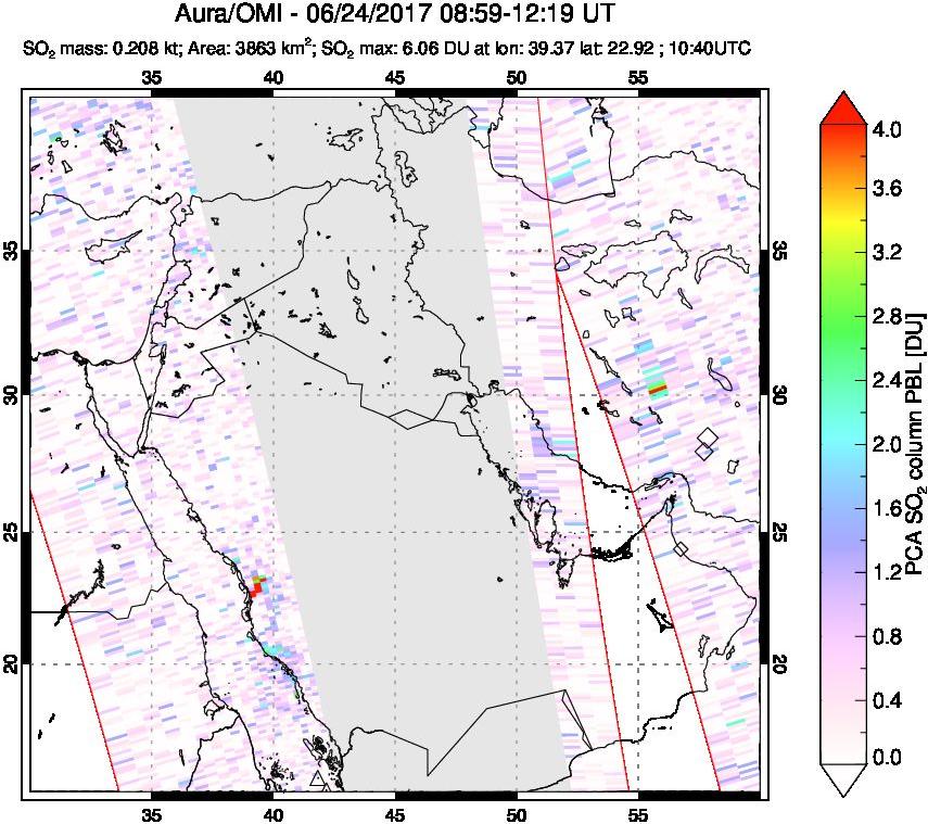 A sulfur dioxide image over Middle East on Jun 24, 2017.