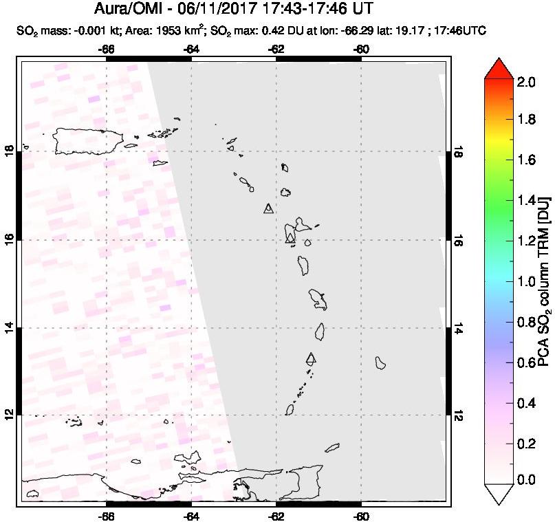 A sulfur dioxide image over Montserrat, West Indies on Jun 11, 2017.
