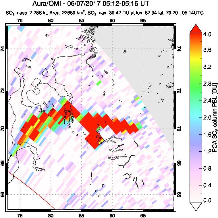 A sulfur dioxide image over Norilsk, Russian Federation on Jun 07, 2017.