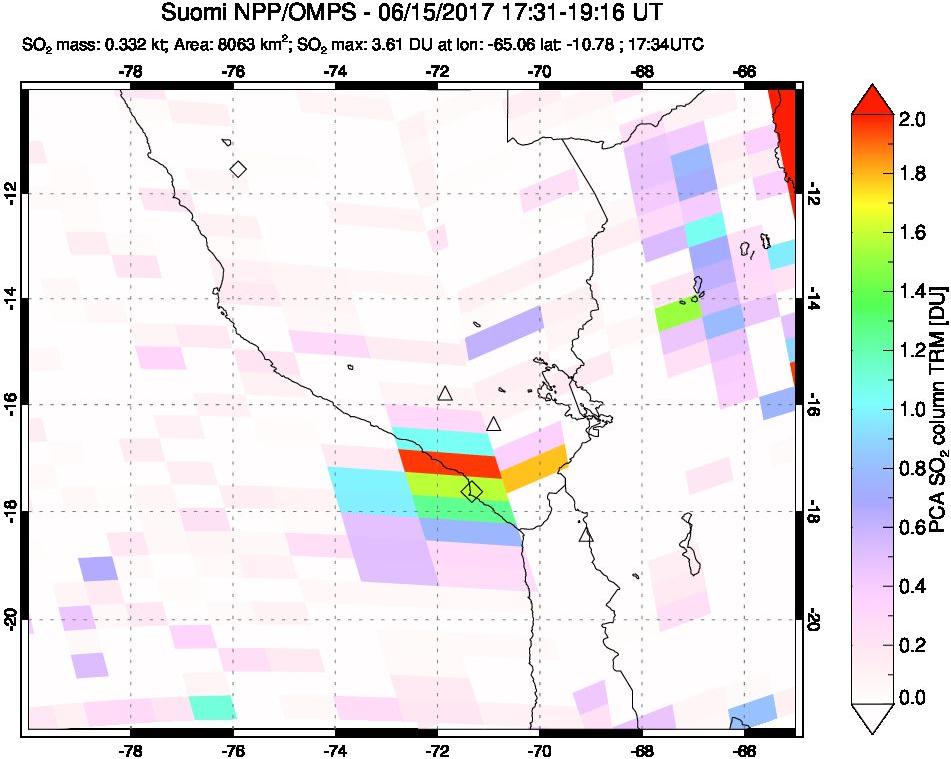 A sulfur dioxide image over Peru on Jun 15, 2017.