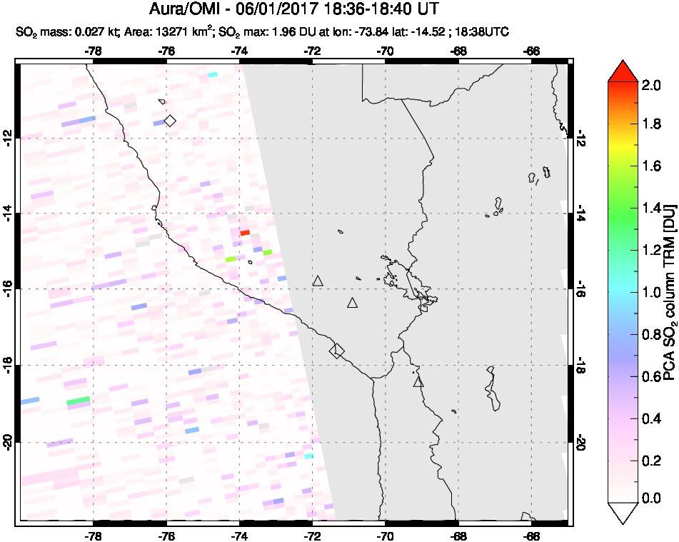 A sulfur dioxide image over Peru on Jun 01, 2017.
