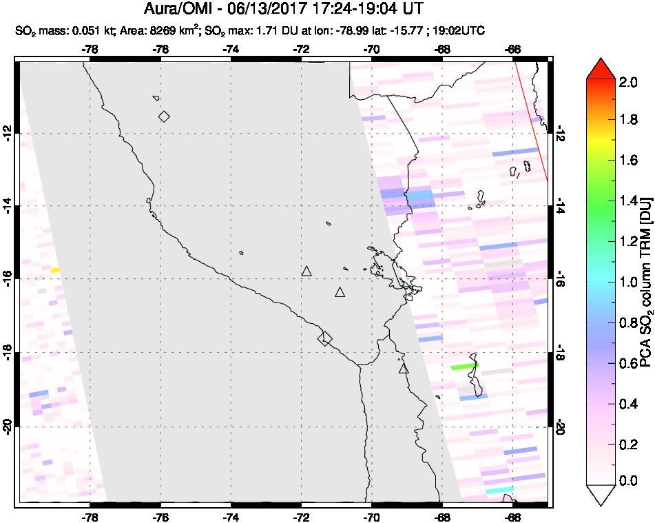 A sulfur dioxide image over Peru on Jun 13, 2017.